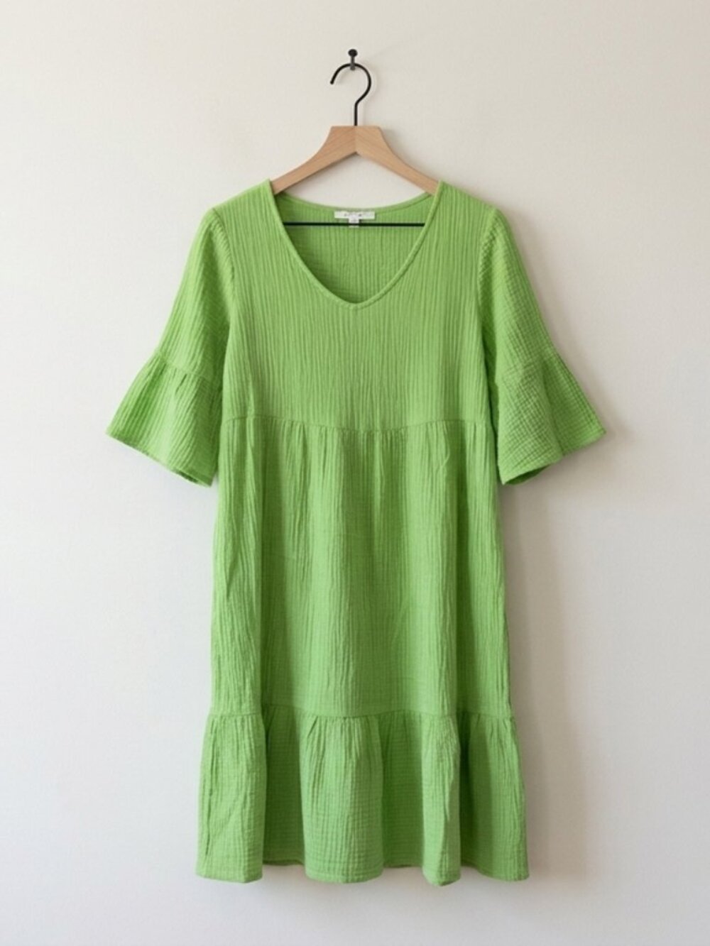 Parker and Rowe Gauze Tier Dress Green Bell Sleeve Cotton Size S